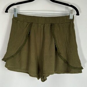 Workhall Olive Green Paper Bag Pleated Stripe Shorts